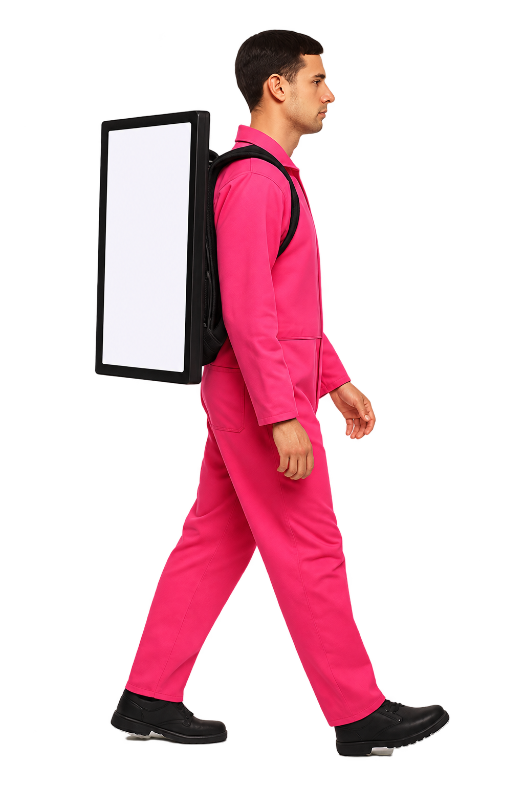 Adwalkr wearing pink overalls with a screen backpack