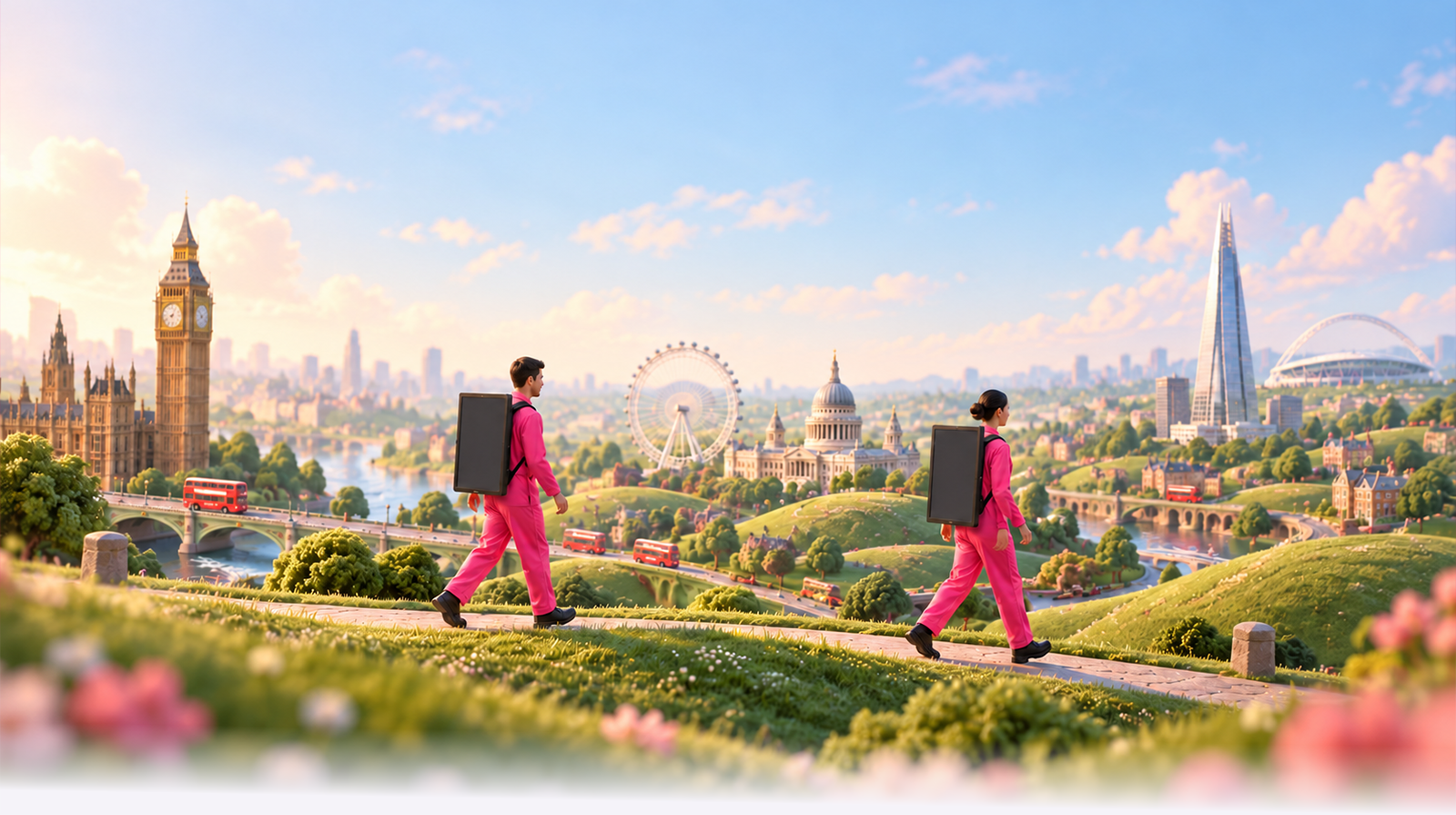 Adwalkr: THESE ADS are made for walking. Two Adwalkrs in pink overalls in an illustrative London landscape. Loved & trusted by 100+ businesses worldwide, with the supplied company logos.